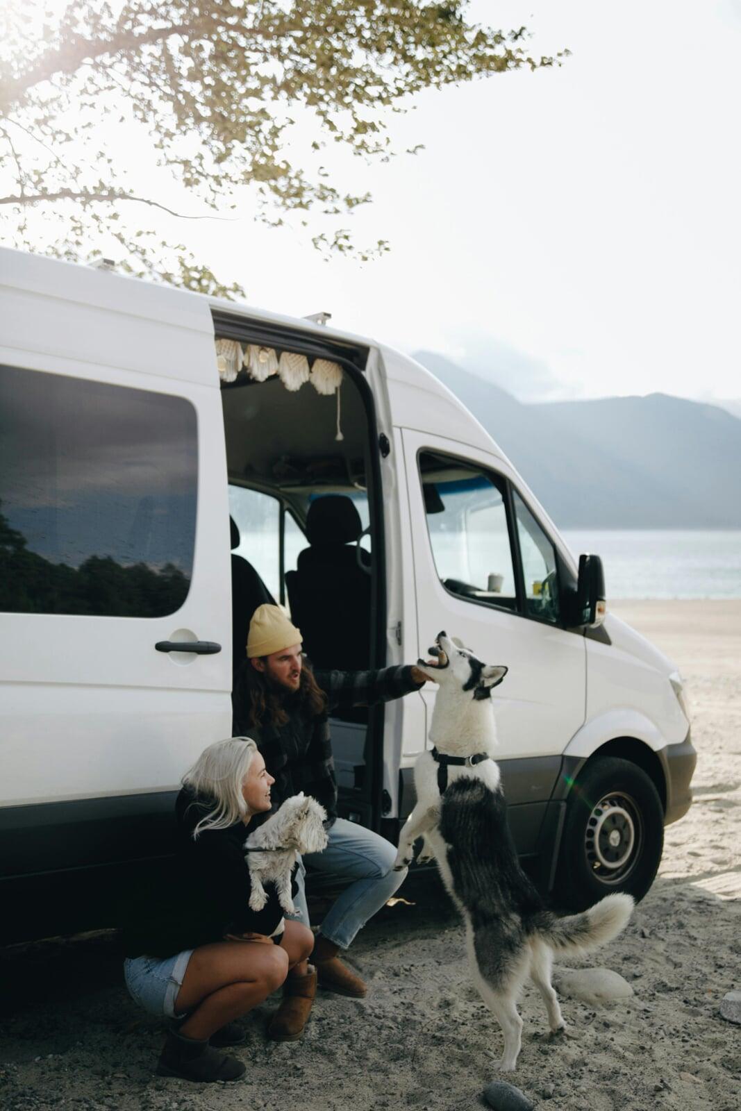 Family, Dogs and RV besides the lake
